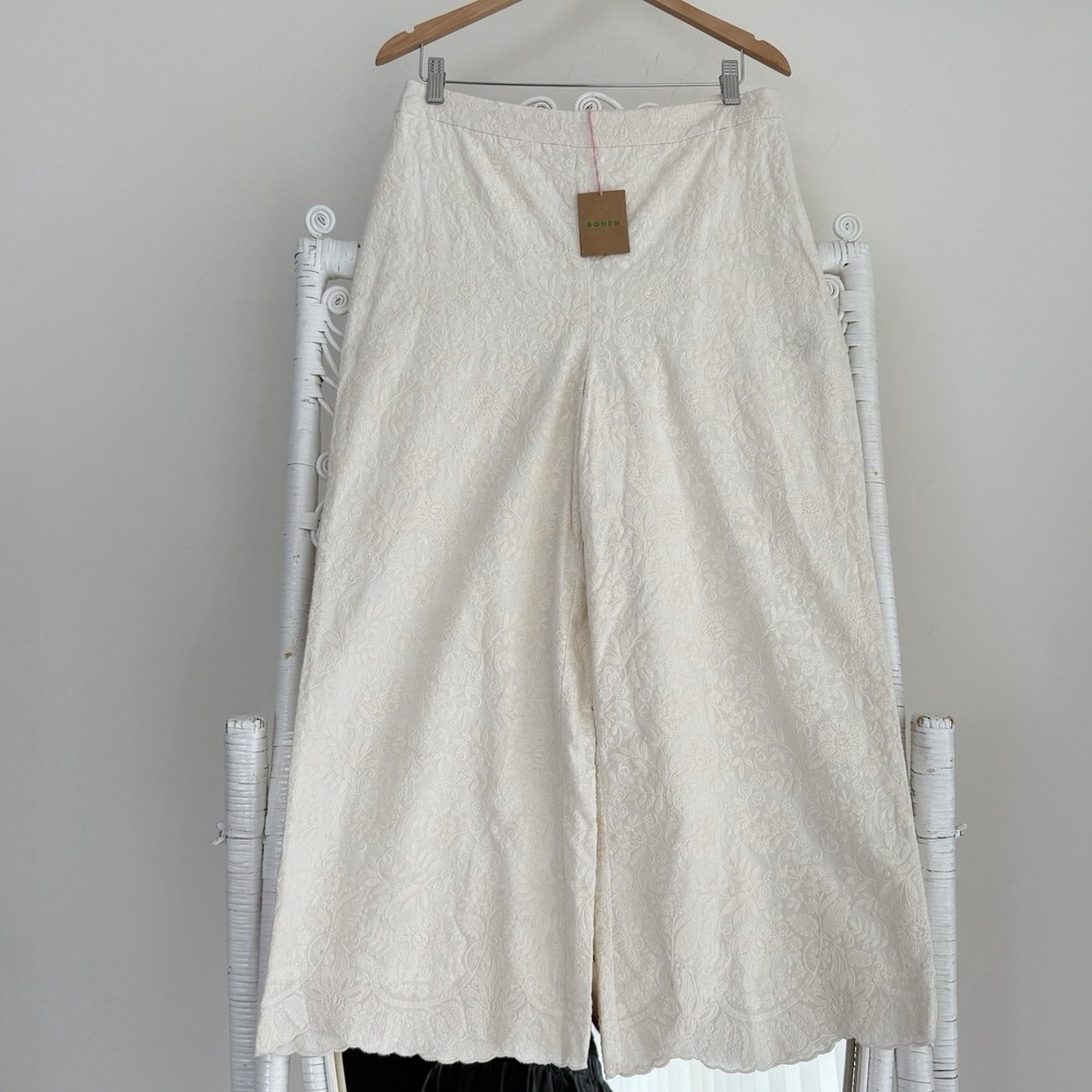 Boden Pants Womens 10 Cream Embroidered  Wide Leg Trousers High Rise Crop 14 UK